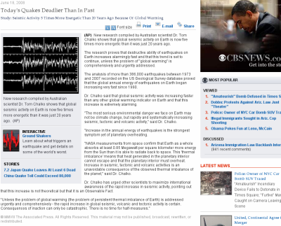 CBS story screenshot: Today's Quakes Deadlier Than in Past